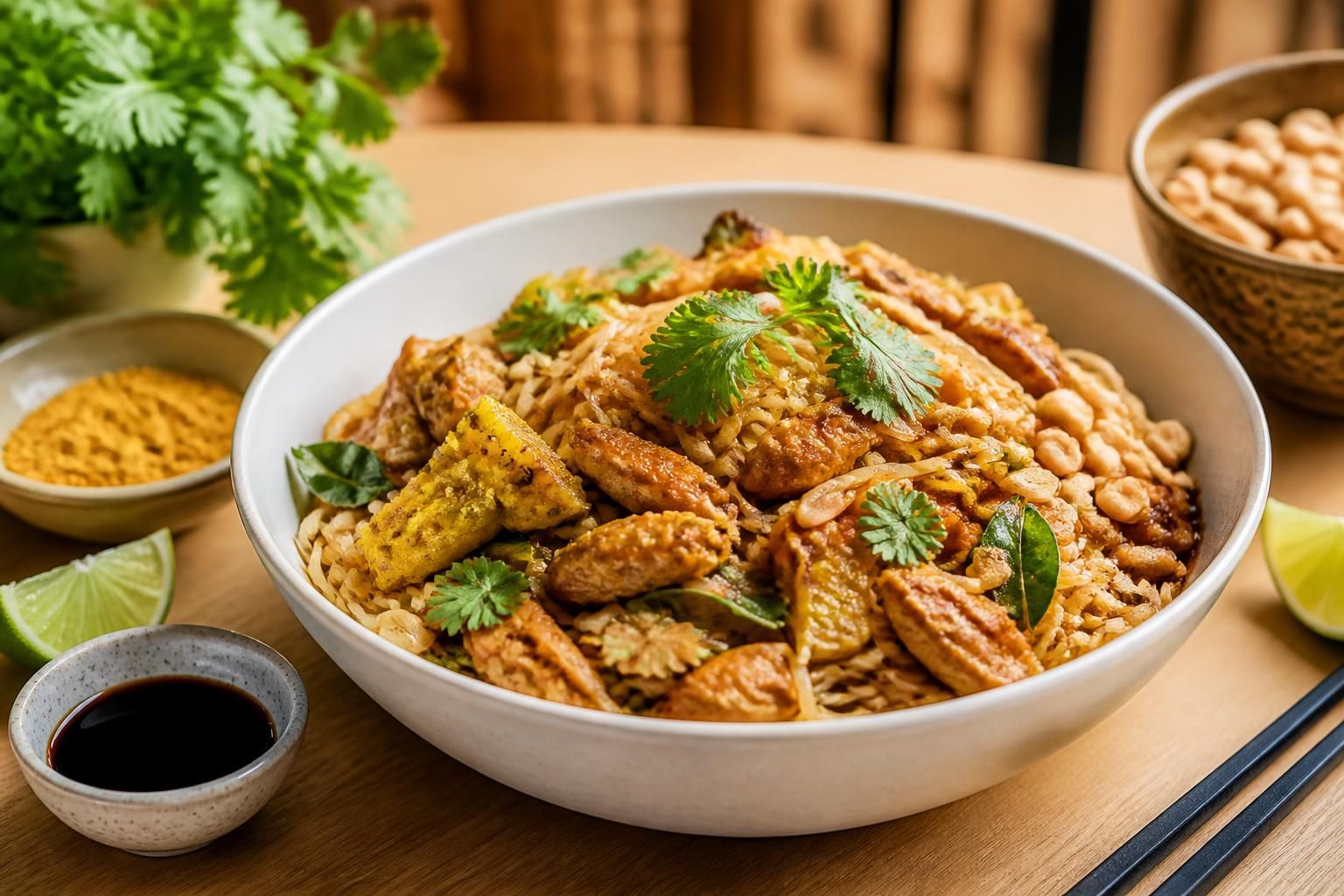 découvrez nos recettes savoureuses de nouilles sautées au poulet, parfumées au curry, soja ou sauce cacahuète pour des repas gourmands et faciles à préparer.
