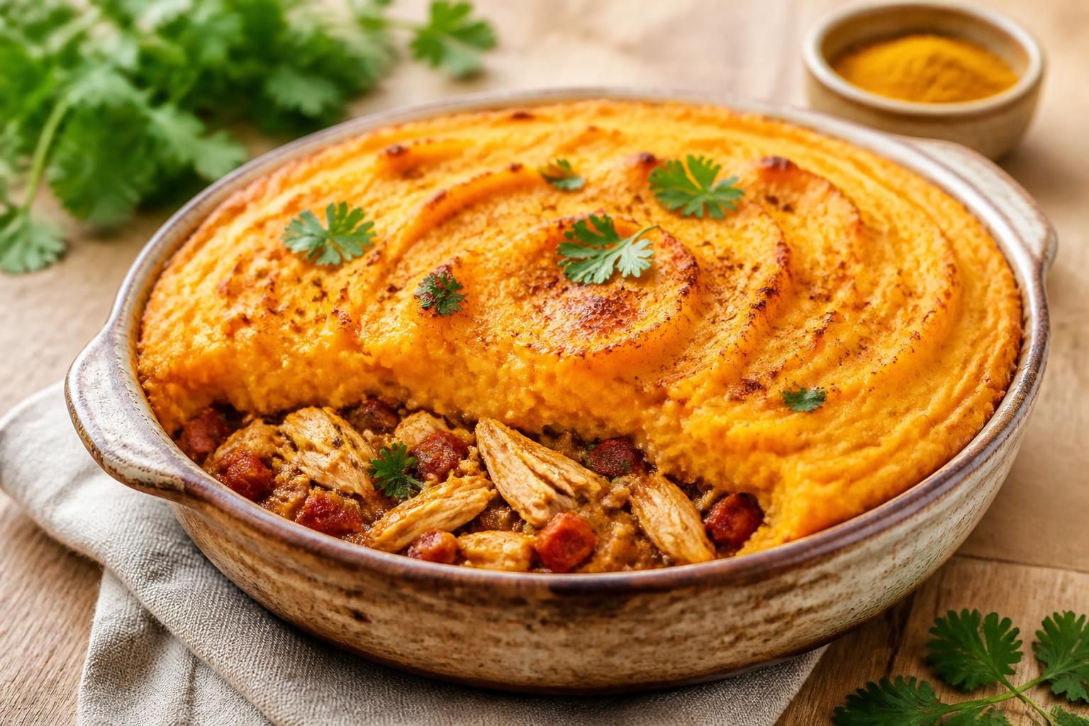 découvrez nos recettes savoureuses de parmentier de poulet agrémenté de chorizo, curry et patate douce pour un repas gourmand et original.