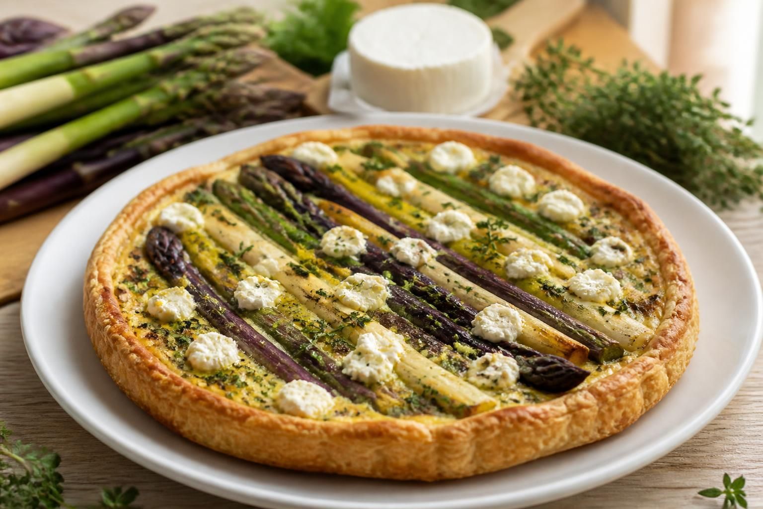découvrez nos délicieuses recettes de tarte aux asperges, avec asperges vertes, blanches et fromage de chèvre, parfaites pour un repas savoureux et de saison.