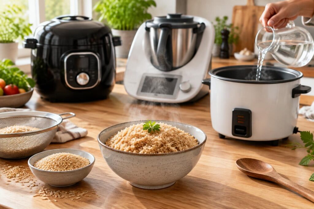 réussissez la cuisson du riz basmati complet avec nos astuces et temps de cuisson au cookeo, au thermomix ou au rice cooker.